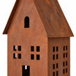 Rust finish, cutout windows and folded roof detail of the large metal house candle holder