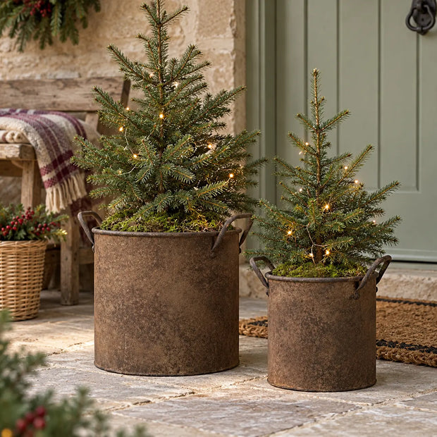 Large and small rust metal planters with miniature Christmas trees on a traditional country porch