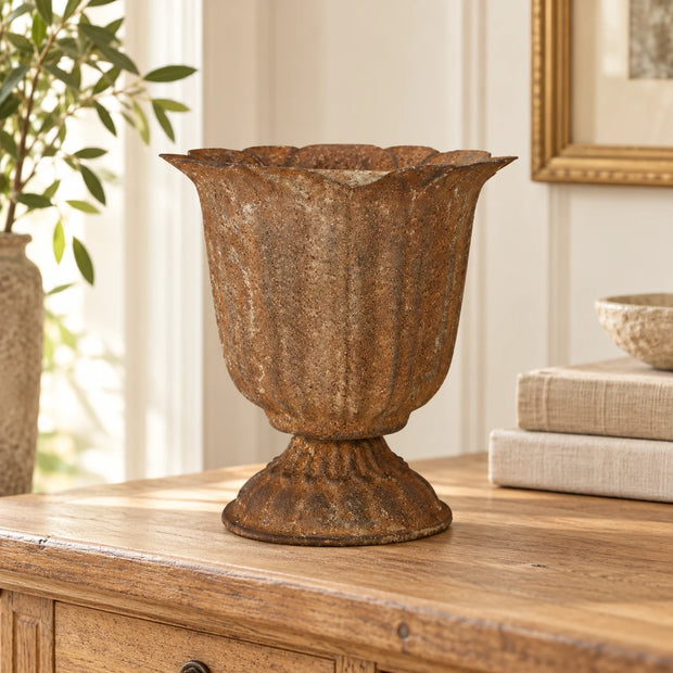 Metal Rust Urn Planter Pot — on oak console in cream country home