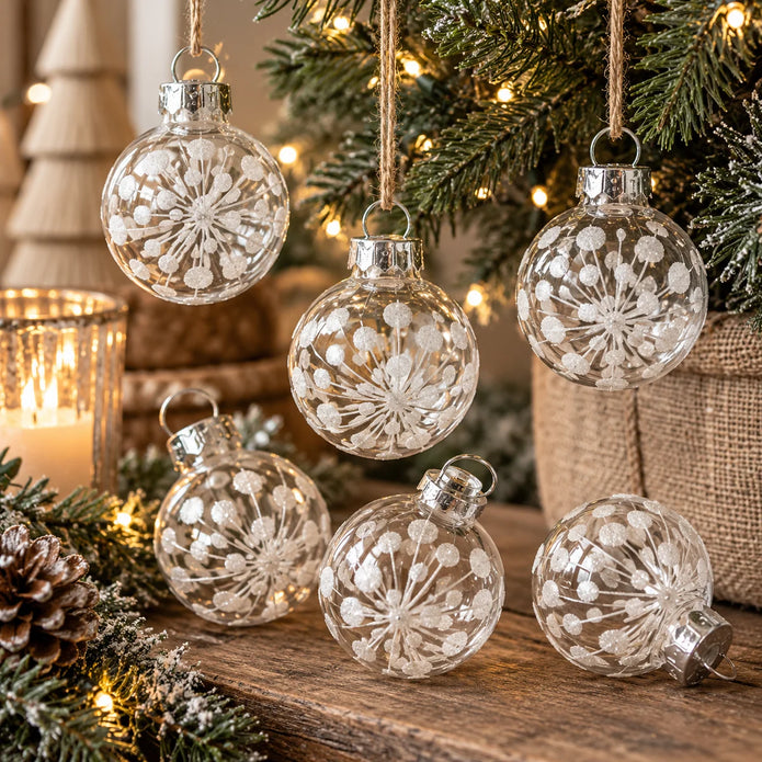 Six tiny clear glass baubles with white snowburst detail hanging and displayed by a softly lit Christmas tree