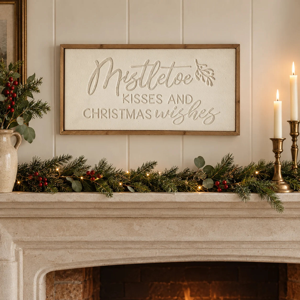 Wood & Metal Sign - White Mistletoe Kisses And Christmas Wishes above a cream mantel.