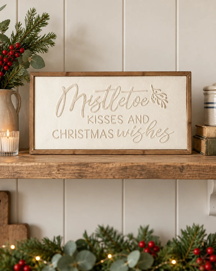 Wood & Metal Sign - White Mistletoe Kisses And Christmas Wishes on a country kitchen shelf.