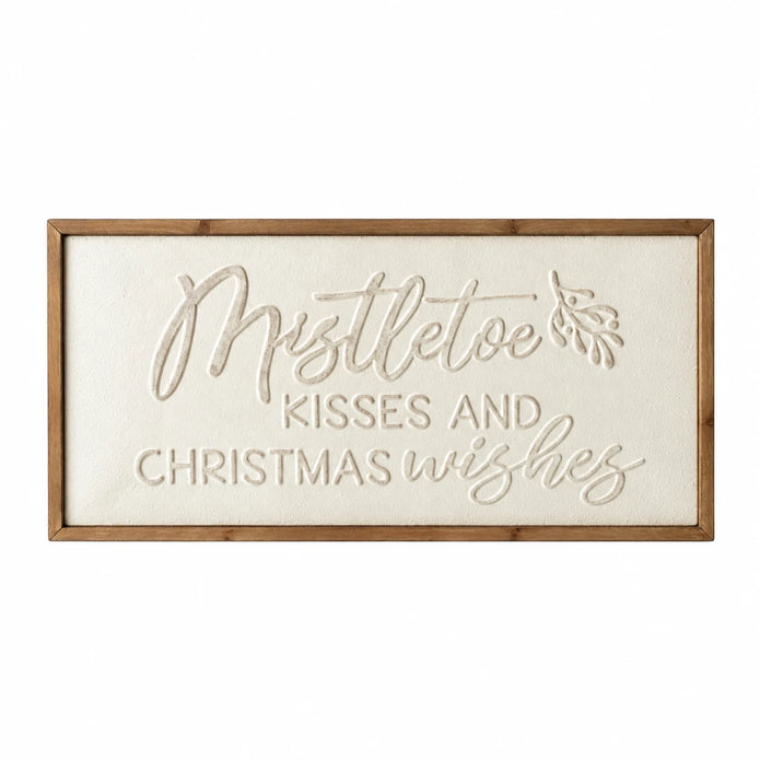 Wood & Metal Sign - White Mistletoe Kisses And Christmas Wishes against a white studio background.