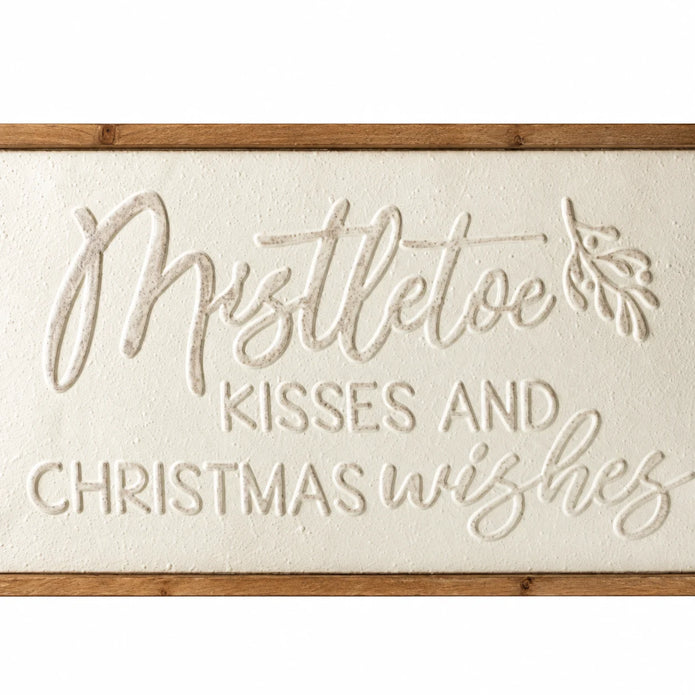 Close-up of original raised script lettering and cream metal surface on Wood & Metal Sign - White Mistletoe Kisses And Christmas Wishes.