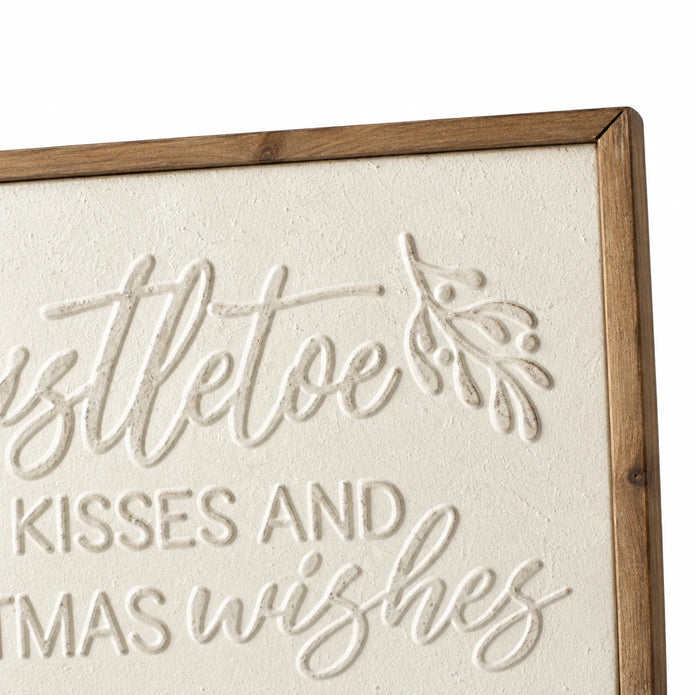 Close-up of natural wood frame corner and original mistletoe motif on Wood & Metal Sign - White Mistletoe Kisses And Christmas Wishes.