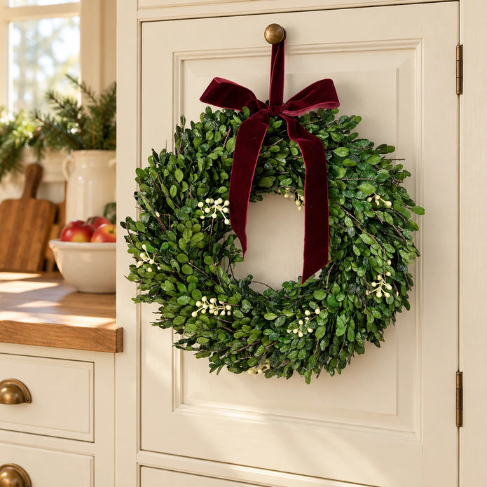 Mistletoe Christmas wreath on a cream kitchen cabinet