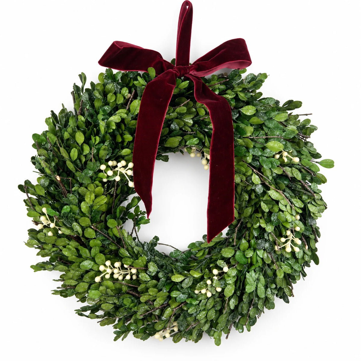 Studio view of green mistletoe wreath with burgundy velvet bow