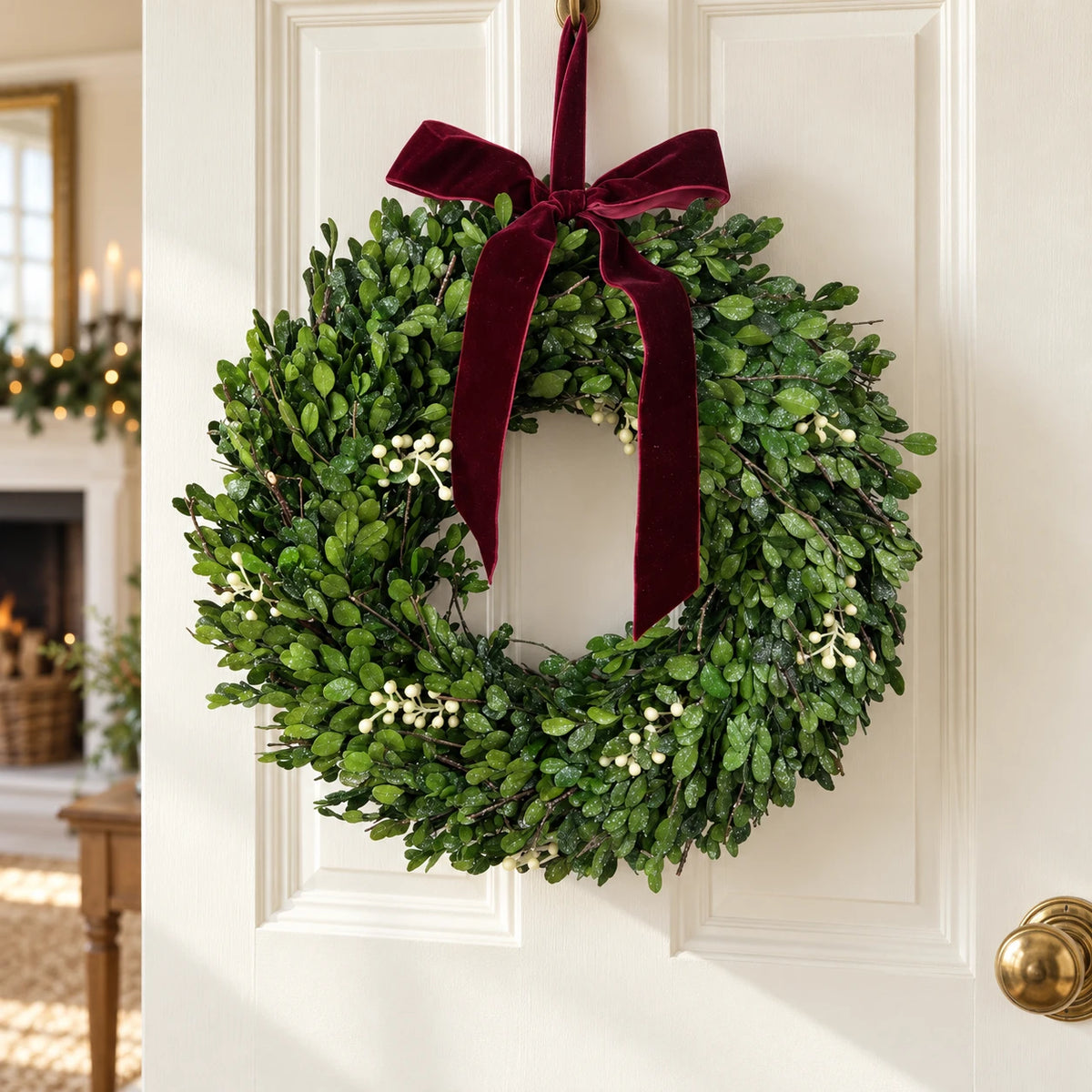 Mistletoe wreath with burgundy bow on a cream interior door