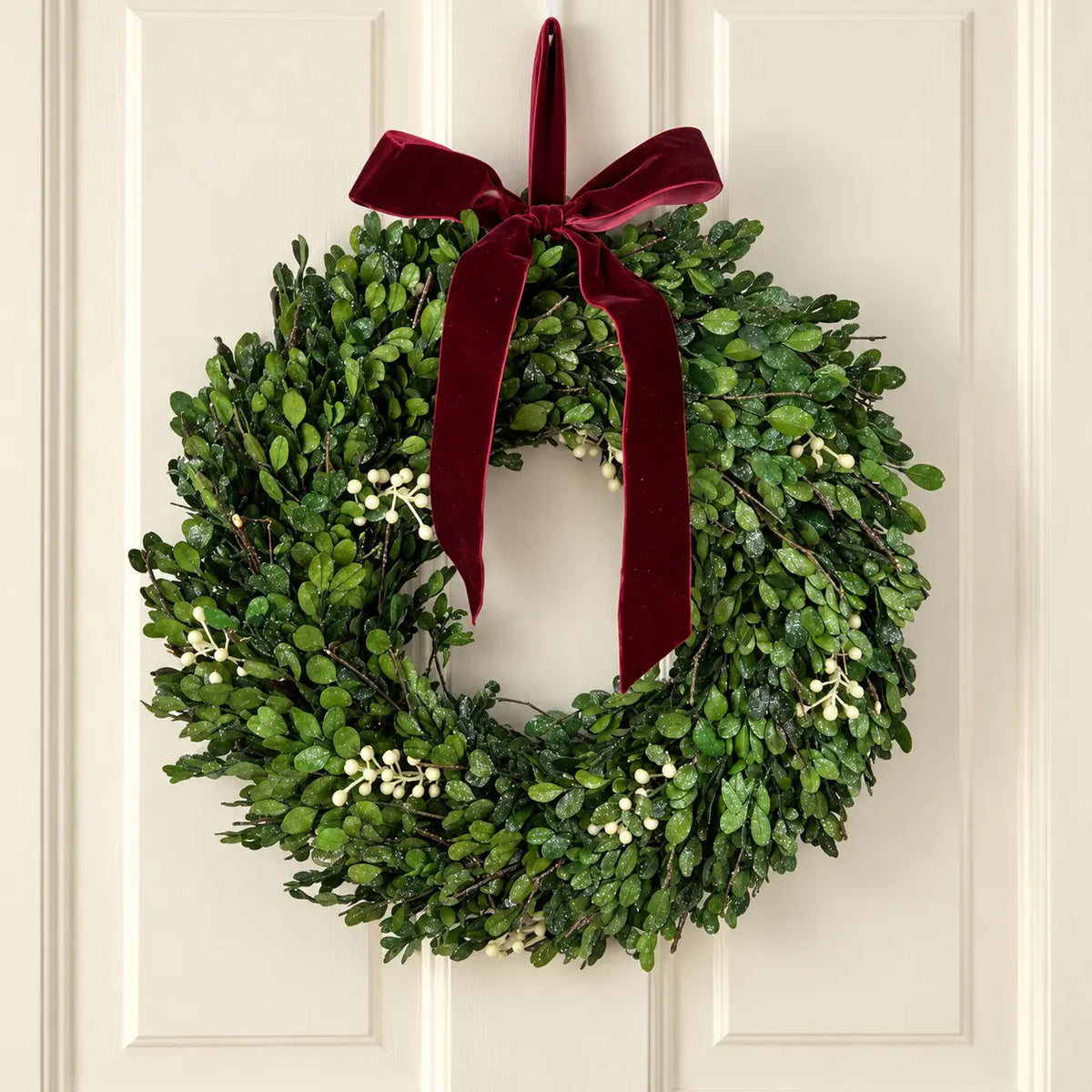 Christmas mistletoe wreath with burgundy bow, festive holiday decoration for door, by Satchville