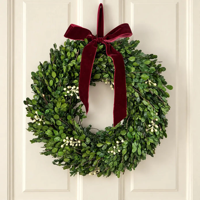 Christmas mistletoe wreath with burgundy bow, festive holiday decoration for door, by Satchville