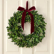 Christmas mistletoe wreath with burgundy bow, festive holiday decoration for door, by Satchville