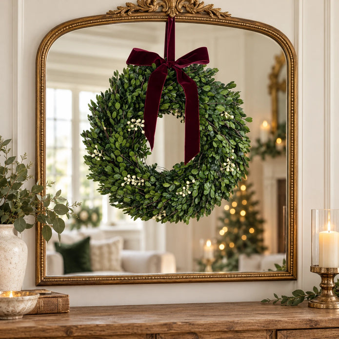 Mistletoe wreath hanging against an antique gold mirror