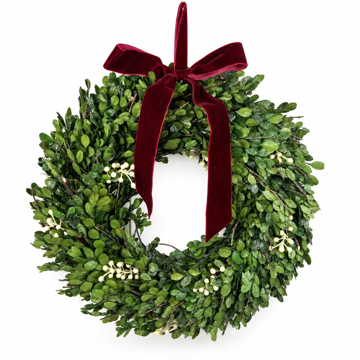 Christmas mistletoe wreath with burgundy bow, lush green foliage, and festive decorations, designed by Satchville.