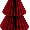 Close-up of burgundy red folded paper and tier edges on a standing Christmas tree.