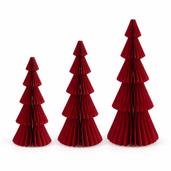 Full set of three burgundy red standing paper trees in ascending sizes on white.