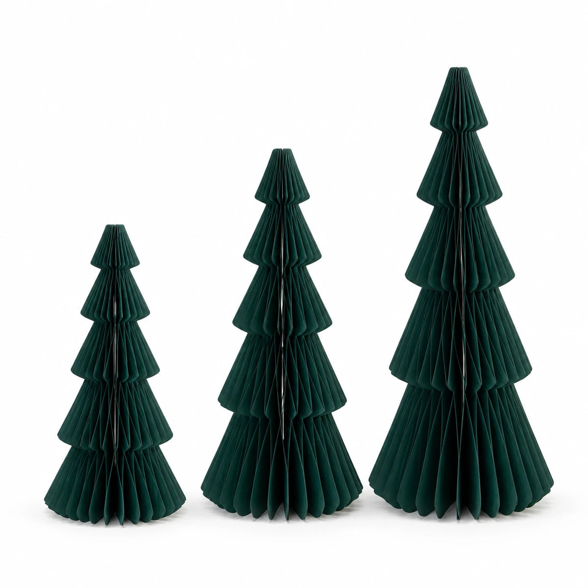 Full set of three green standing paper trees in ascending sizes on white.