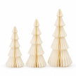 Full set of three winter white standing paper trees in ascending sizes on white.