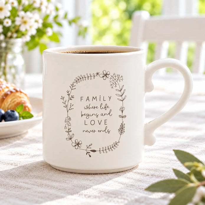 Widdop & Co beige Moments Family ceramic mug for tea or coffee, featuring family-themed design