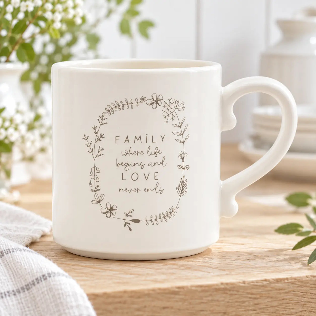 Widdop & Co beige Moments Family ceramic mug with dresser design for tea or coffee