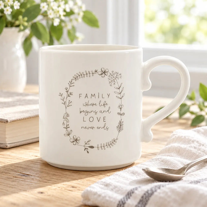 Widdop & Co beige Moments Family ceramic mug with reading corner design for tea or coffee