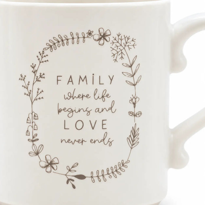 Widdop & Co beige Moments Family ceramic mug with sentimental text detail for tea or coffee