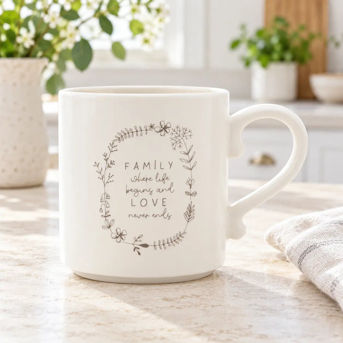 Widdop & Co beige Moments Family ceramic mug for tea and coffee with spring kitchen design