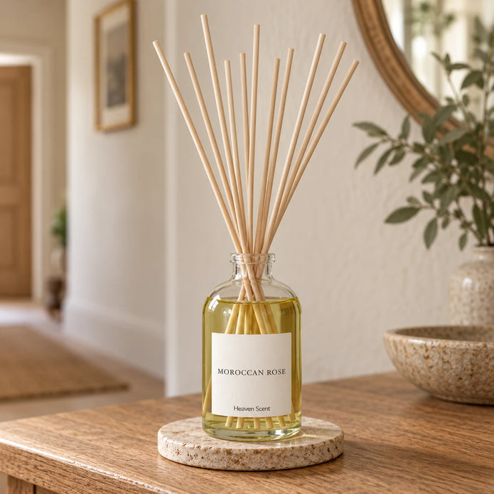 Heaven Scent MOROCCAN ROSE 100ml reed diffuser styled on an oak console with natural reeds inserted.