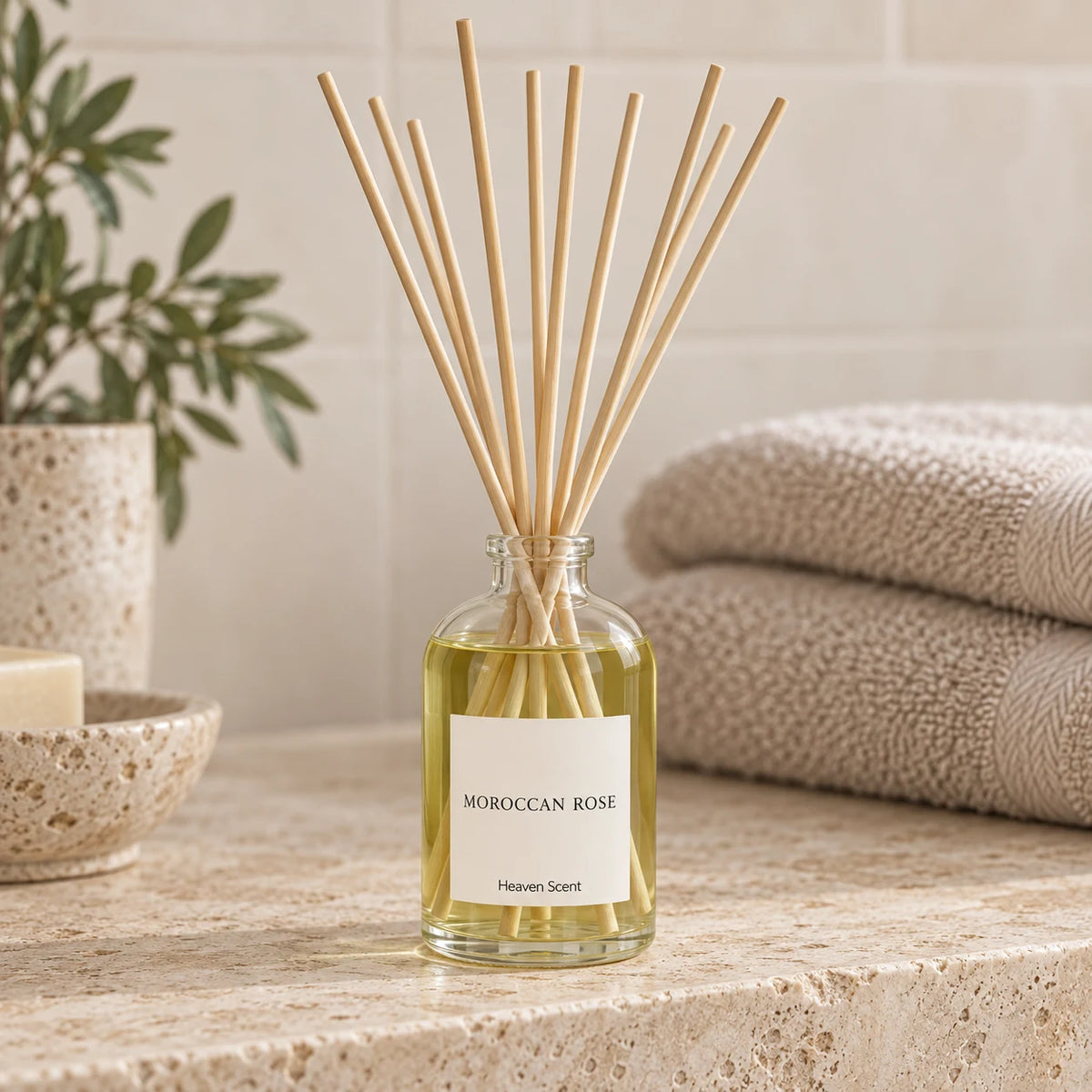 Heaven Scent MOROCCAN ROSE 100ml reed diffuser styled on a stone bathroom shelf with reeds inserted.