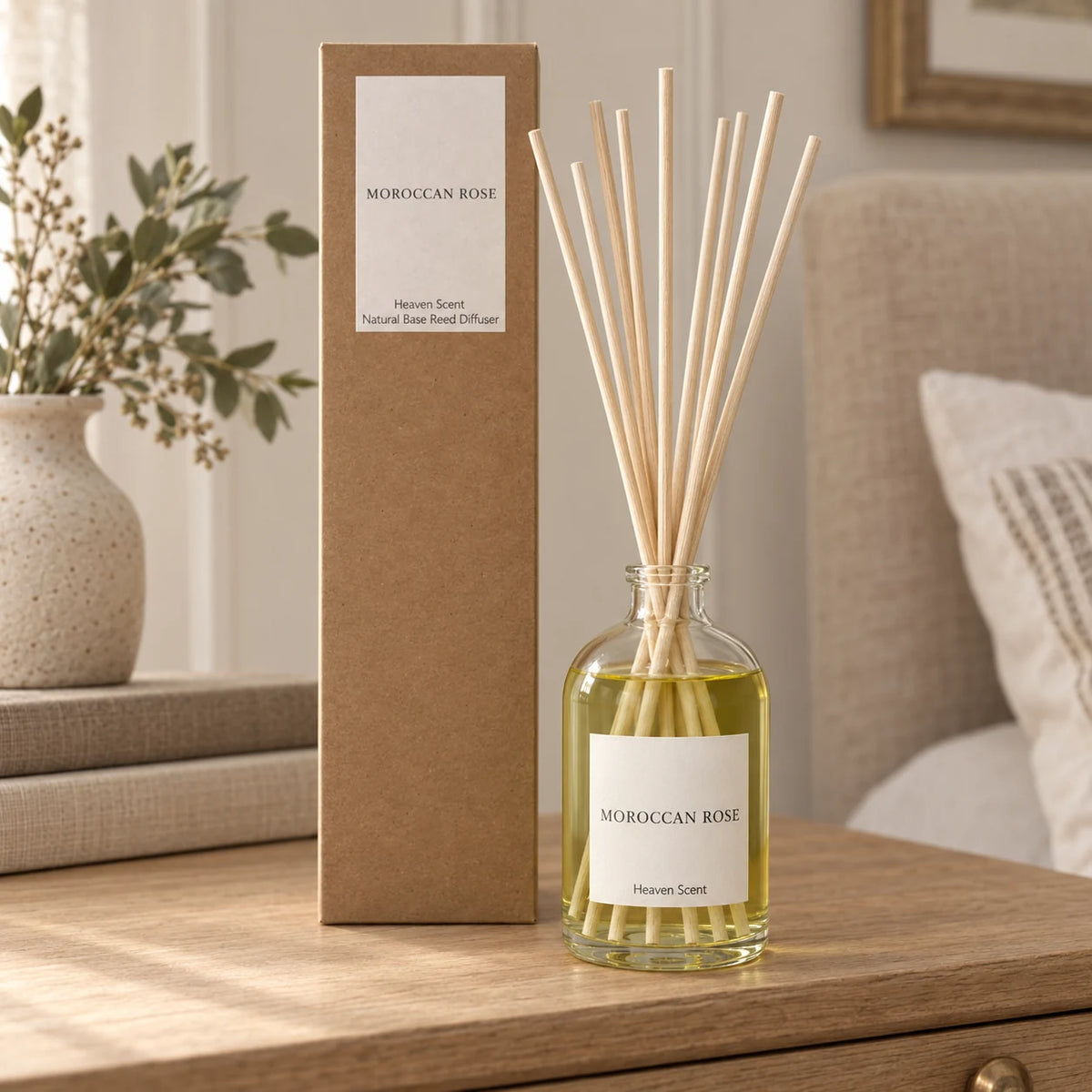 Heaven Scent MOROCCAN ROSE 100ml reed diffuser with reeds inserted beside its matching kraft gift box.