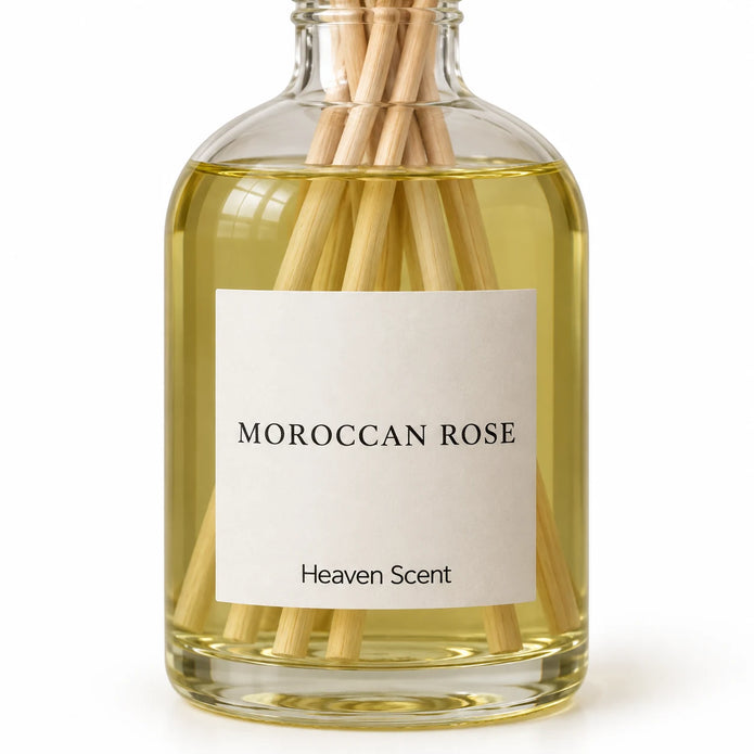 Heaven Scent MOROCCAN ROSE 100ml reed diffuser close-up of the fragrance label and glass bottle.