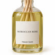 Heaven Scent MOROCCAN ROSE 100ml reed diffuser close-up of the fragrance label and glass bottle.