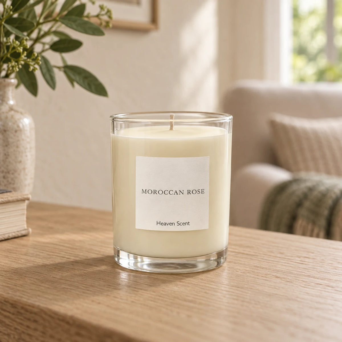 Heaven Scent Moroccan Rose Medium Candle, ivory wax in clear glass on an oak console