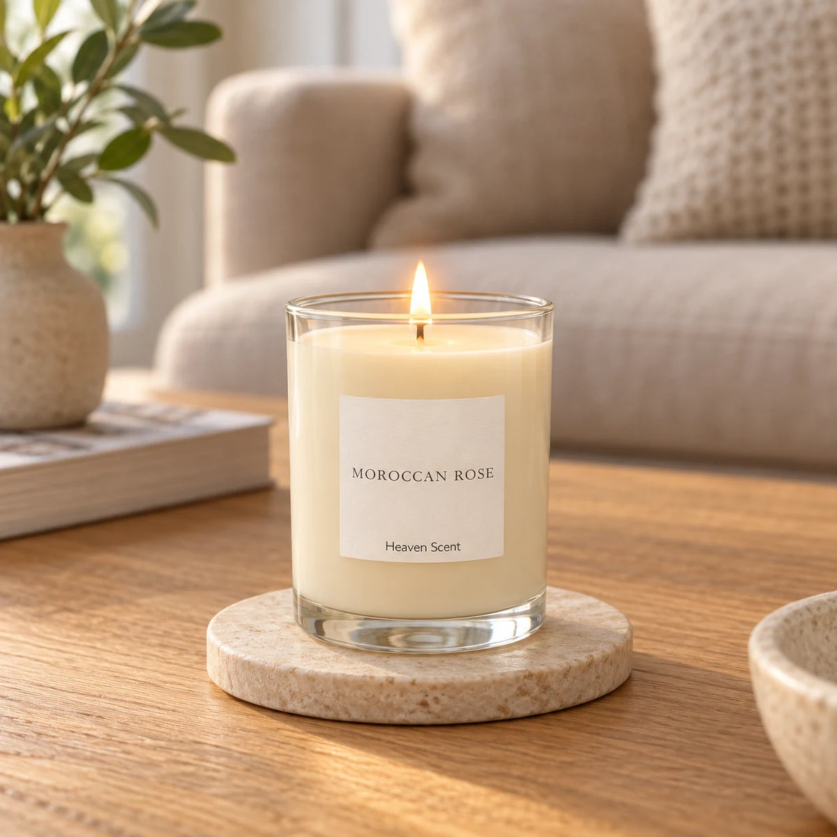 Heaven Scent Moroccan Rose Medium Candle, lit in clear glass on a stone coaster in a living room