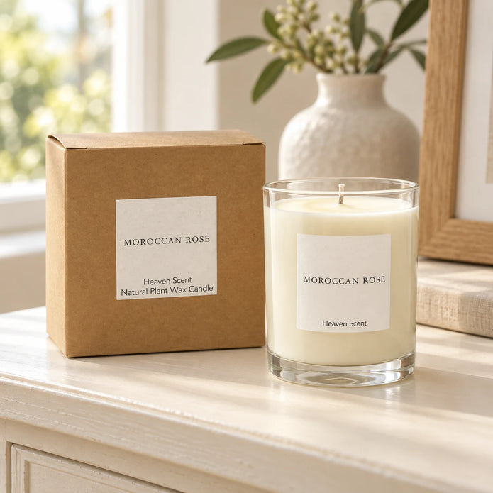 Heaven Scent Moroccan Rose Medium Candle, unlit with its brown kraft box on a cream console