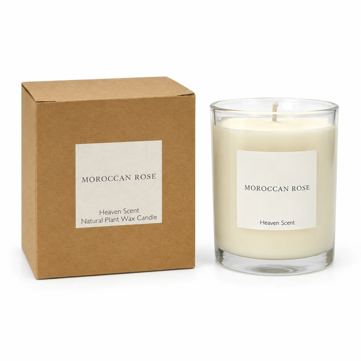 Heaven Scent Moroccan Rose Medium Candle, unlit with its brown kraft box against white