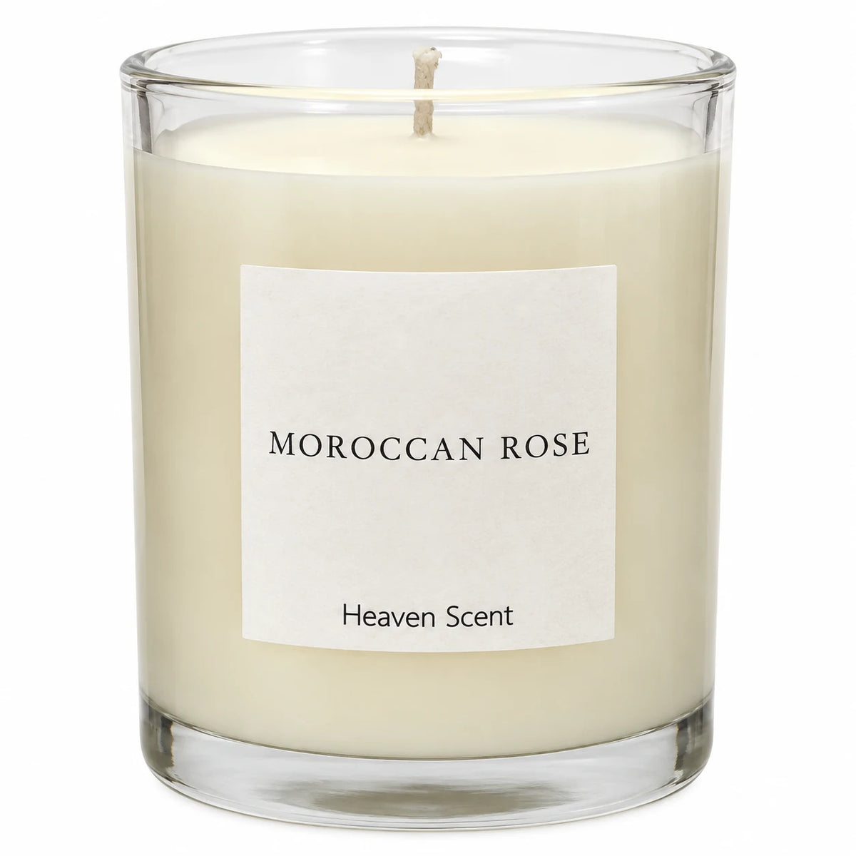 Heaven Scent Moroccan Rose Medium Candle, close-up of the fragrance label and clear glass