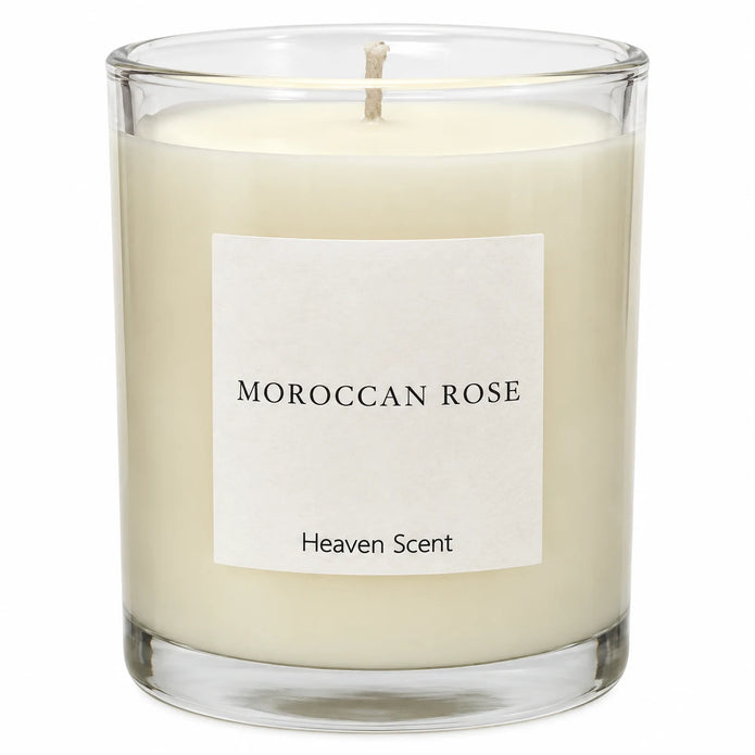 Heaven Scent Moroccan Rose Medium Candle, close-up of the fragrance label and clear glass