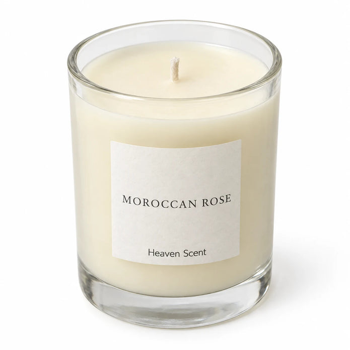 Heaven Scent Moroccan Rose Medium Candle, close-up of cream wax and the unlit wick
