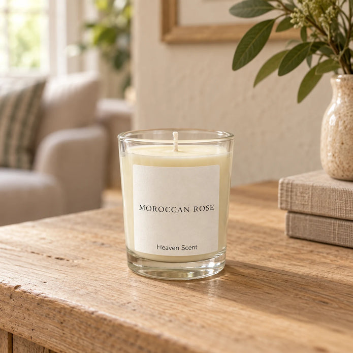 Heaven Scent Moroccan Rose Small Candle, ivory wax in clear glass on an oak console
