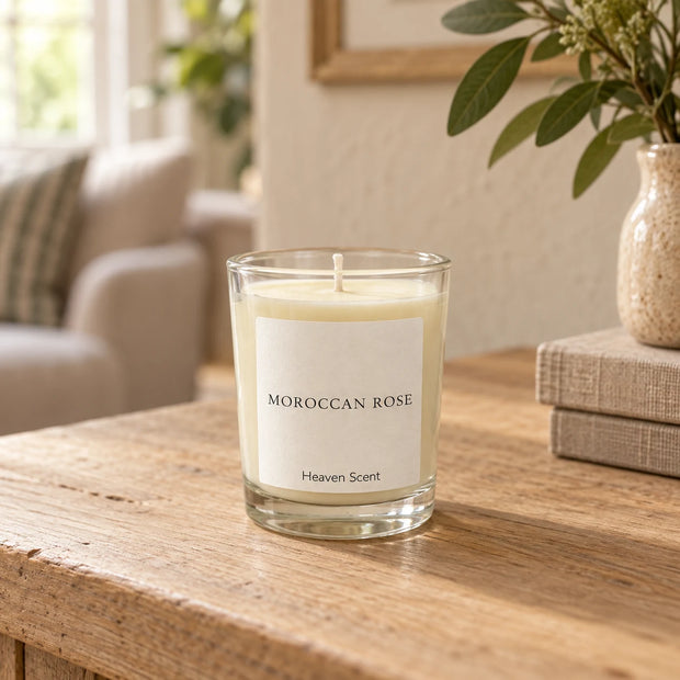 Heaven Scent Moroccan Rose Small Candle, ivory wax in clear glass on an oak console