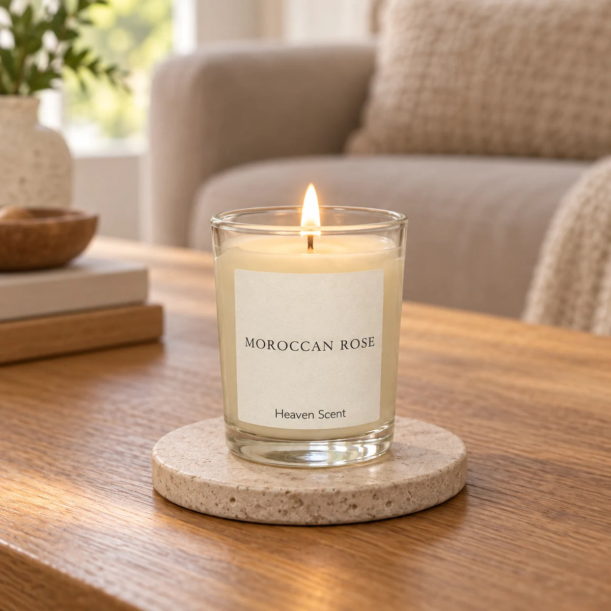 Heaven Scent Moroccan Rose Small Candle, lit in clear glass on a stone coaster in a living room