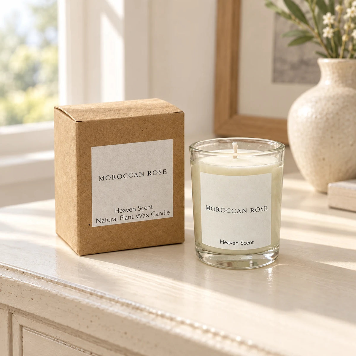 Heaven Scent Moroccan Rose Small Candle, unlit with its brown kraft box on a cream console
