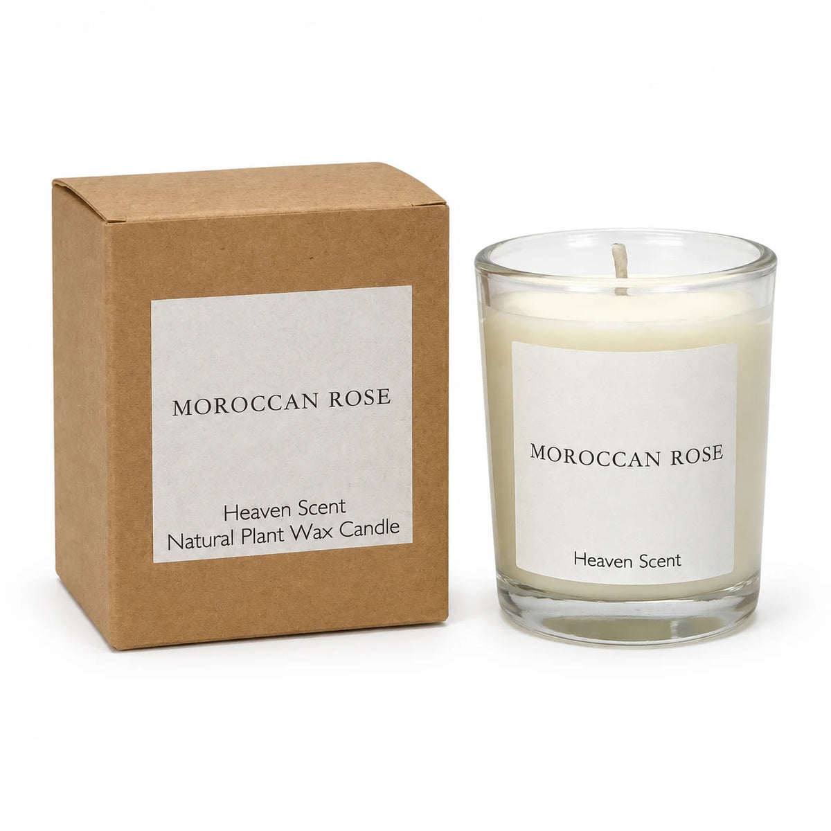 Heaven Scent Moroccan Rose Small Candle, unlit with its brown kraft box against white