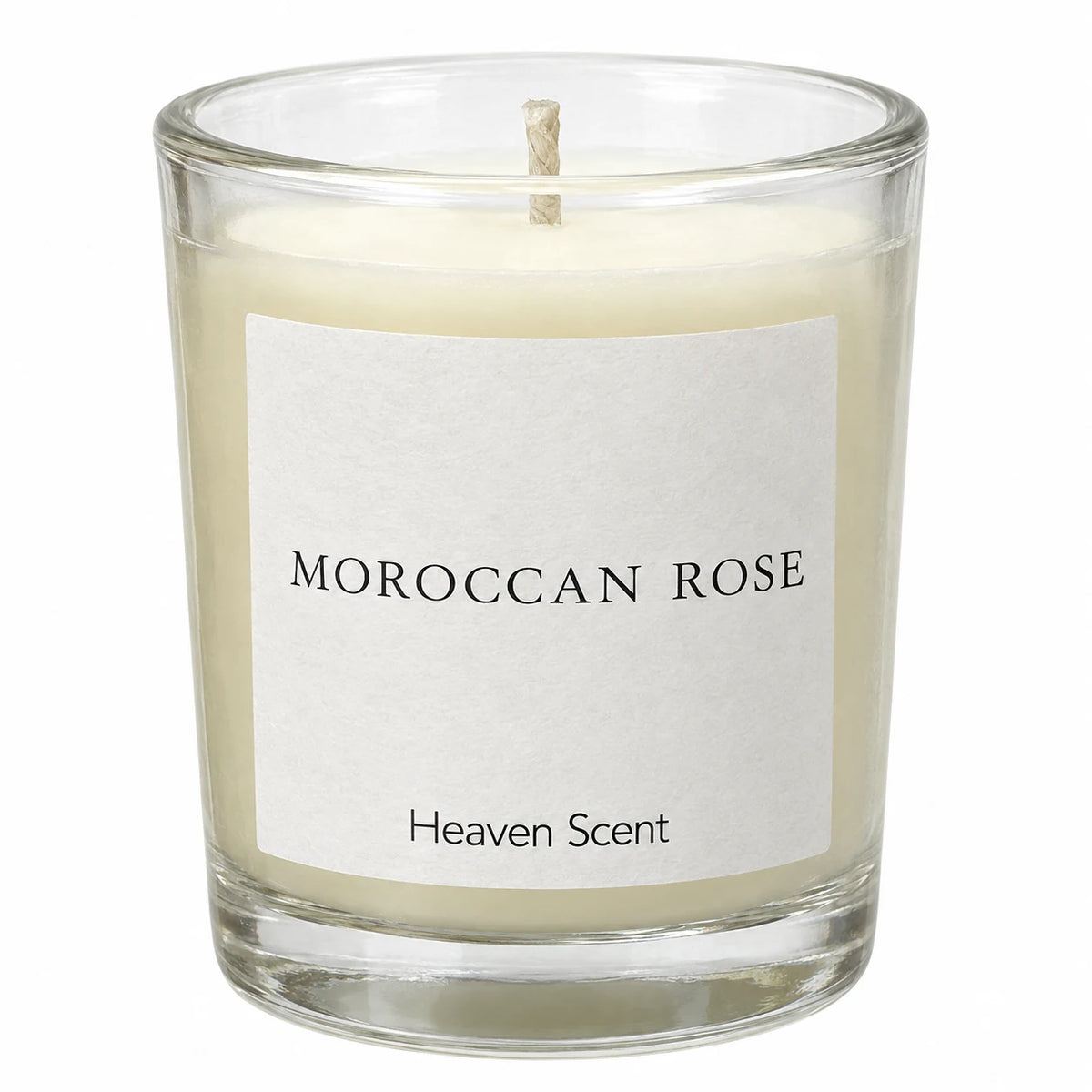 Heaven Scent Moroccan Rose Small Candle, close-up of the fragrance label and clear glass