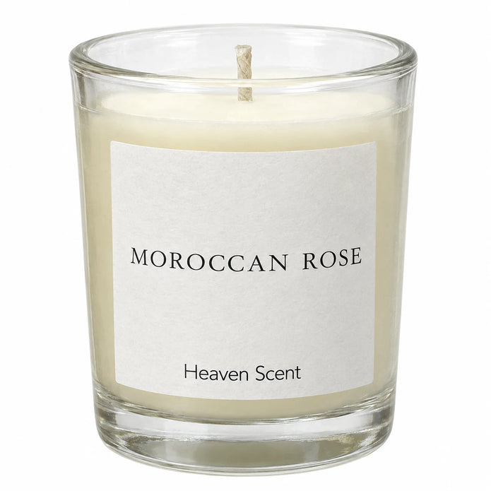 Heaven Scent Moroccan Rose Small Candle, close-up of the fragrance label and clear glass