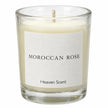 Heaven Scent Moroccan Rose Small Candle, close-up of the fragrance label and clear glass
