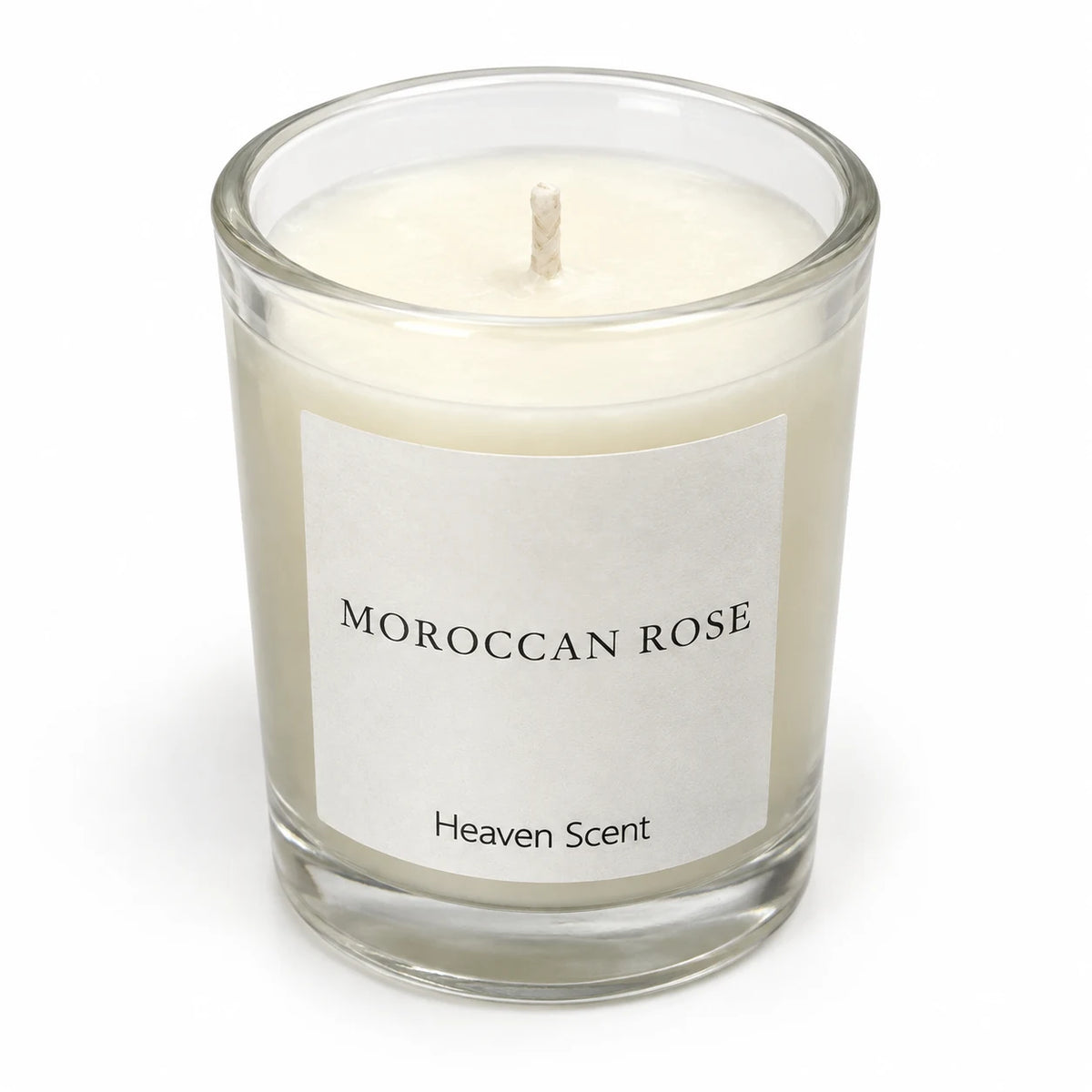 Heaven Scent Moroccan Rose Small Candle, close-up of cream wax and the unlit wick