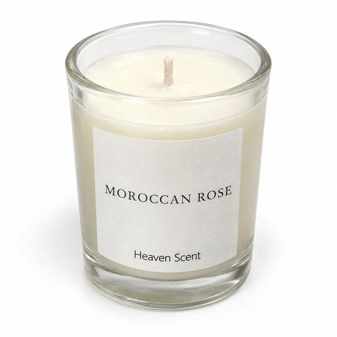 Heaven Scent Moroccan Rose Small Candle, close-up of cream wax and the unlit wick