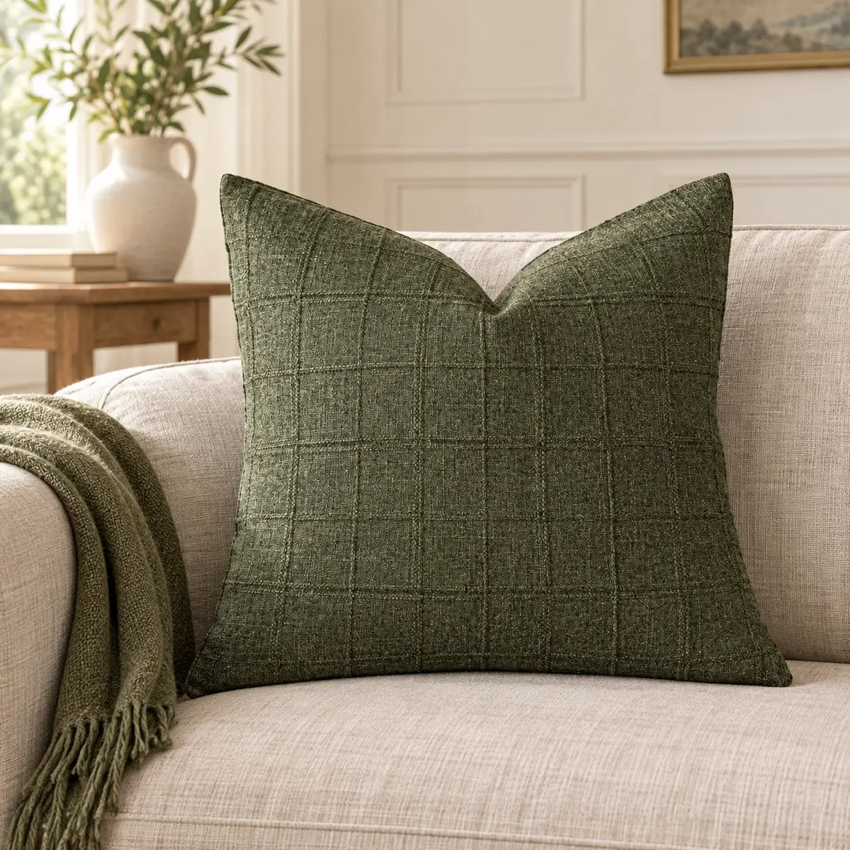 Moss green woven square cushion cover styled on a cream sofa in a neutral living room.