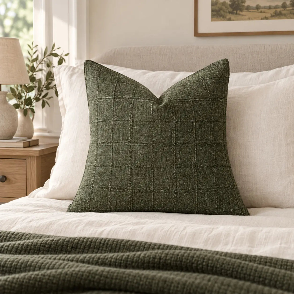 Moss green woven square cushion cover styled on a neutral bed with a matching green throw.